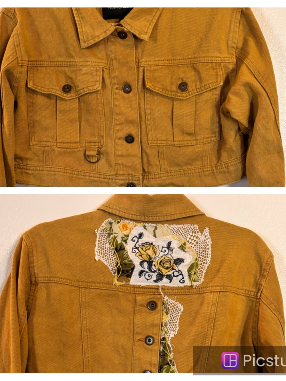 Fashion Nova Mustard Jean Jacket with Embroidered Back Patches